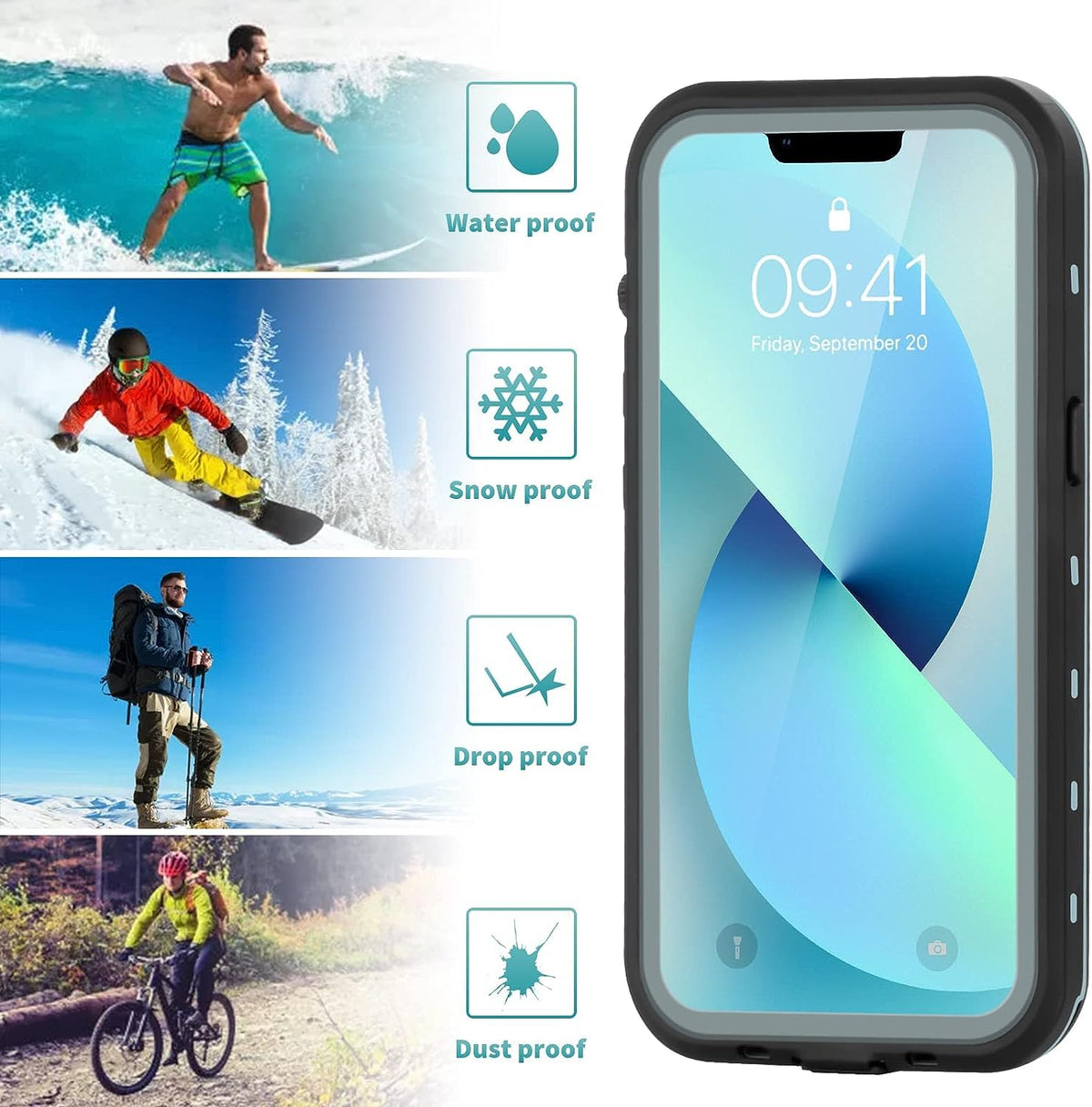 Hertekdo Funda para iPhone 13 Mini, IP68 Funda Impermeable para iPhone 13 Mini con Kickstand Absorción de Choque Resistente iPhone 13 Mini Funda Ideal para Buceo, Esquí y Natación