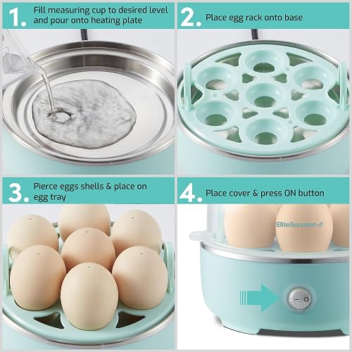 Elite Gourmet EGC115M - Cocina de huevos eléctrica de 7 huevos, suave, mediano, duro con apagado automático, taza de medición incluida, sin BPA, menta retro