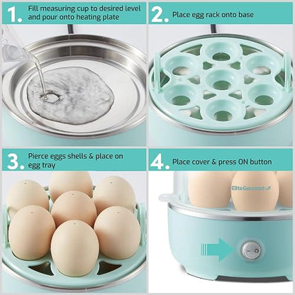 Elite Gourmet EGC115M - Cocina de huevos eléctrica de 7 huevos, suave, mediano, duro con apagado automático, taza de medición incluida, sin BPA, menta retro