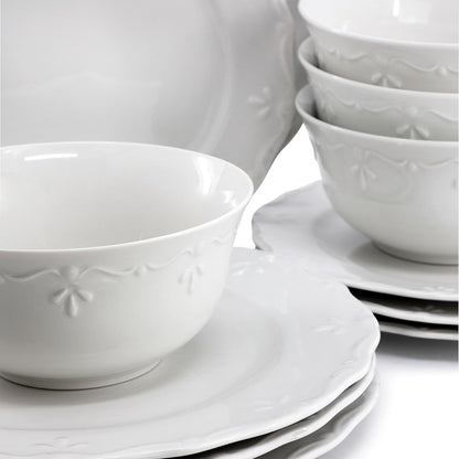 Elama Henryi Juego De Vajilla De Porcelana Blanca 18 Piezas | Con detalles de borde en relieve, reforzado