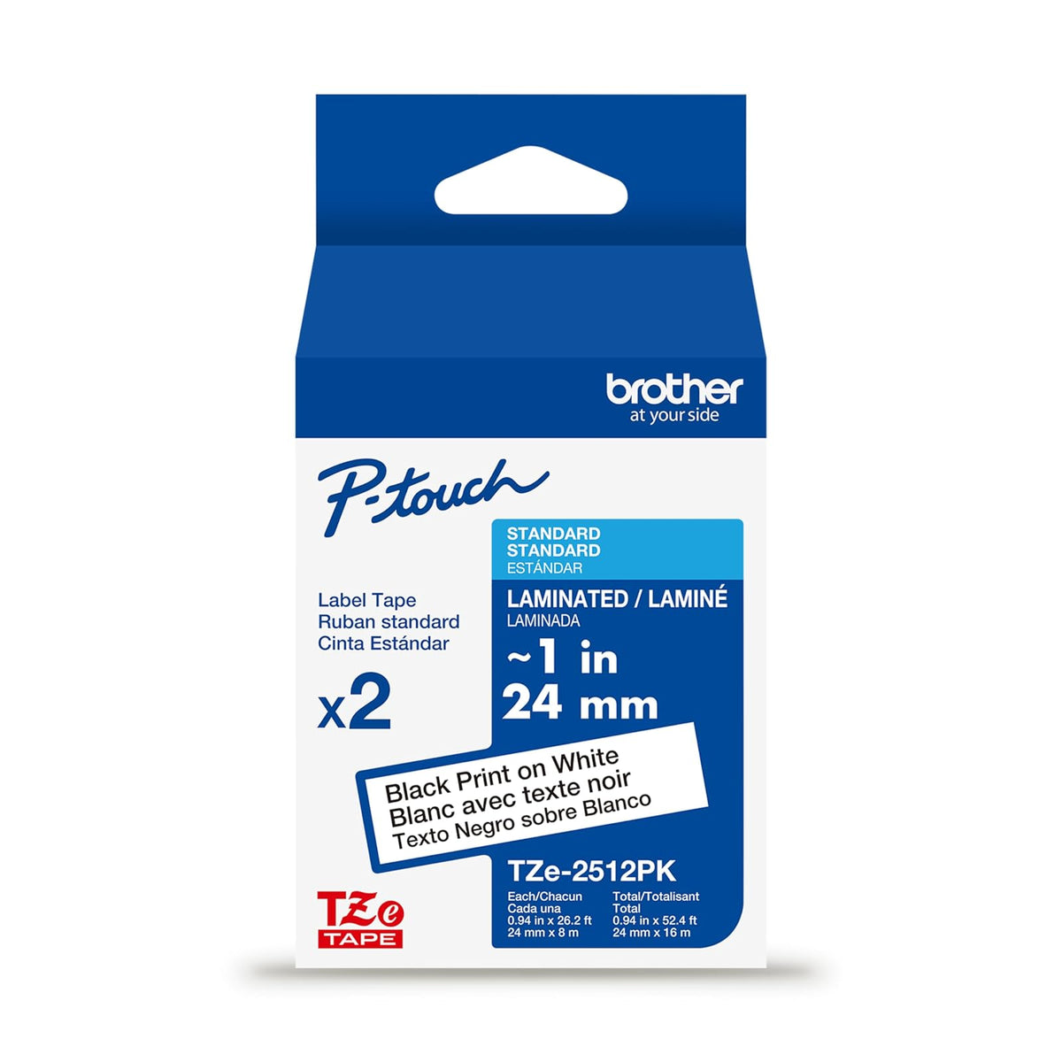 Brother P-Touch TZe - Paquete de 2 cintas de etiquetas blancas impresas en negro (TZe2512PK), laminadas, 24 mm x 26.2ft / 8 m cada una, para fabricantes de etiquetas P-Touch seleccionados, duraderas