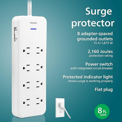 Philips EZFit - Tira de alimentación con Protector de sobretensiones de 8 Tomas, Cable de extensión Trenzado de 8 pies, Tomas ampliamente espaciadas, 2160 Julios, Enchufe Plano, para hogar, Oficina,