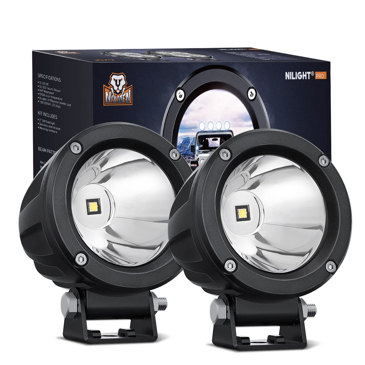Nilight - Faros antiniebla LED para motocicletas, 2 unidades, redondos, redondos, todoterreno, 1065 lm, luces de conducción EMC integradas, luz auxiliar para moto, SUV, ATV