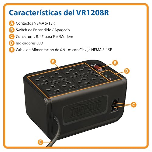 Tripp Lite VR1208R Regulador de Voltaje de 1200VA con Supresión de Sobretensiones, 8 Contactos