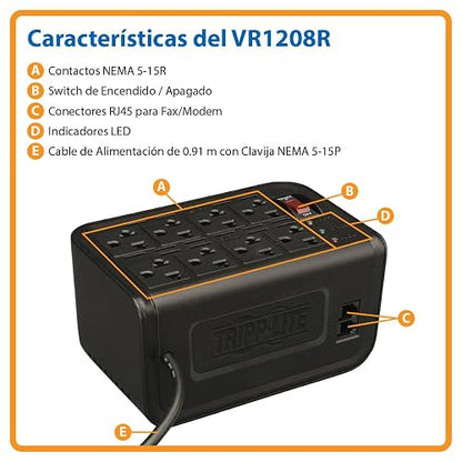 Tripp Lite VR1208R Regulador de Voltaje de 1200VA con Supresión de Sobretensiones, 8 Contactos