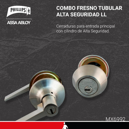 Phillips Combo Cerrojo/Manija Fresno Alta Seguridad Para Entrada LLave-Llave Plata