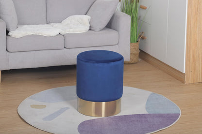 Sochic Taburete Cilíndrico Tapizado en Terciopelo Azul con Base de Acero Inoxidable en Acabado Dorado
