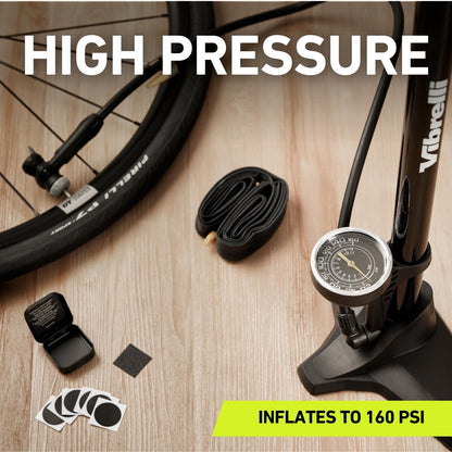 Vibrelli Vibrelli - Bomba de piso para bicicleta con manómetro - Alta presión 160 PSI - Válvula Presta bomba de bicicleta cambia automáticamente a Schrader - Bomba de bicicleta viene con kit de