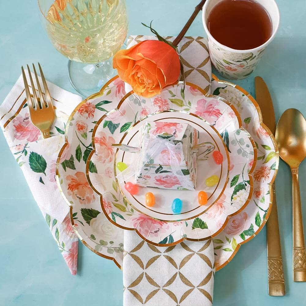 Kate Aspen Pink Floral 7 pulgadas. Platos de papel decorativos de primera calidad (350 g/m² de peso, juego de 16), perfectos para despedidas de soltera y bodas,