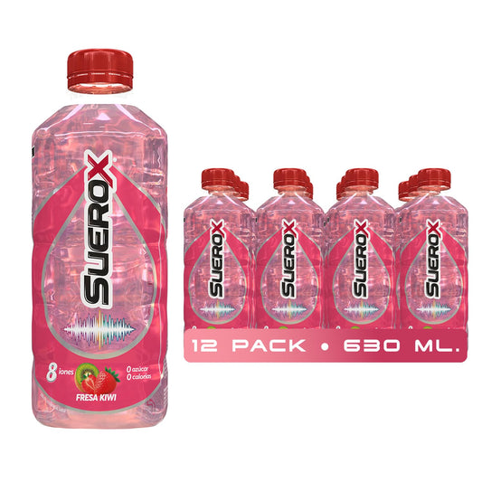 Suerox Fresa-Kiwi Bebida Hidratante con 8 Iones Esenciales y Electrolitos Sin Azúcar, Suero Oral Funcional con Magnesio y Potasio para Hidratación Diaria | 630 ml | 12-Pack