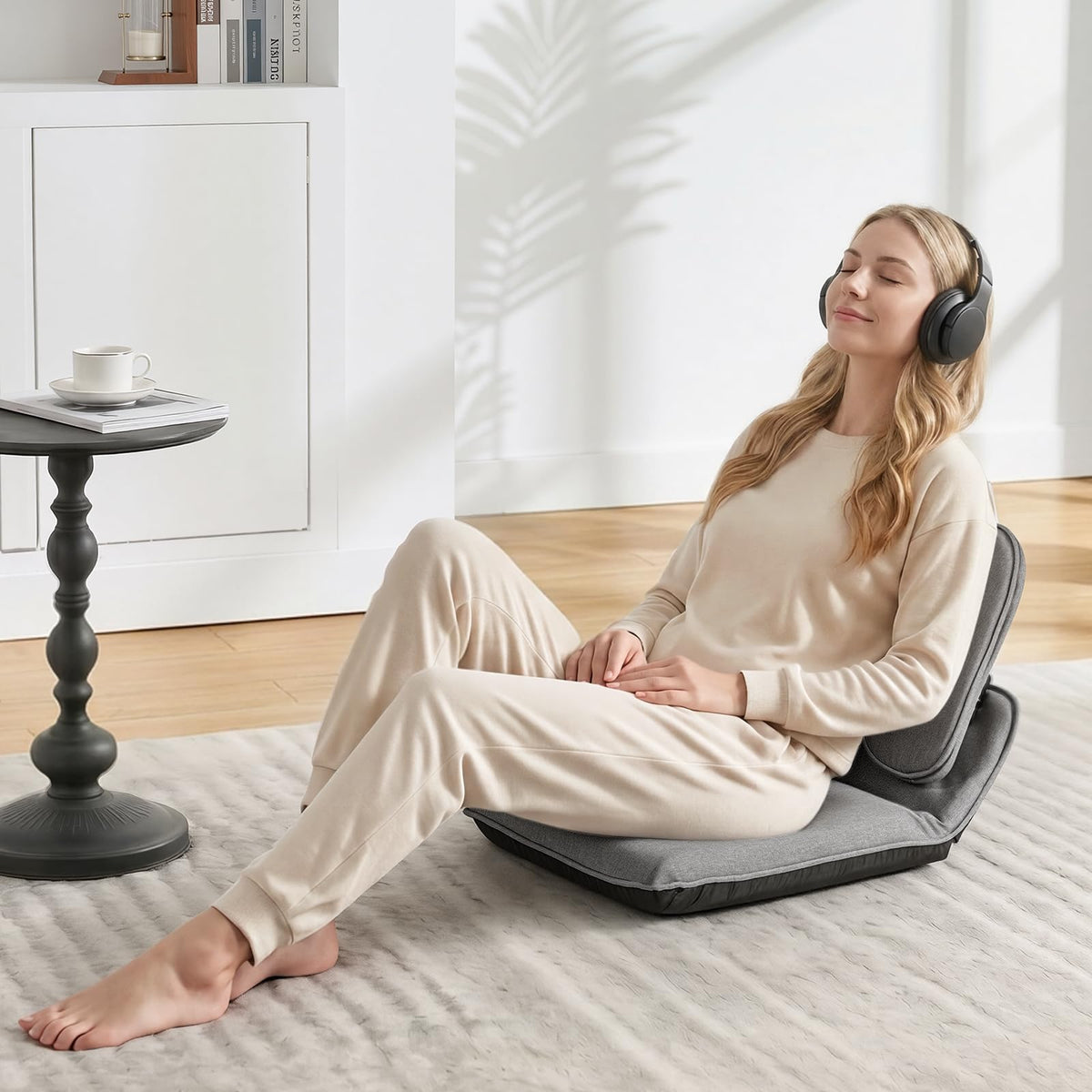 VEVOR Silla de Suelo Relax, Silla Reclinable con Soporte Lumbar Ergonómico, Respaldo Ajustable en 5 Posiciones, Acolchado de Espuma, Marco Metálico y Tapizado de Lino, para Lectura Descanso, Gris