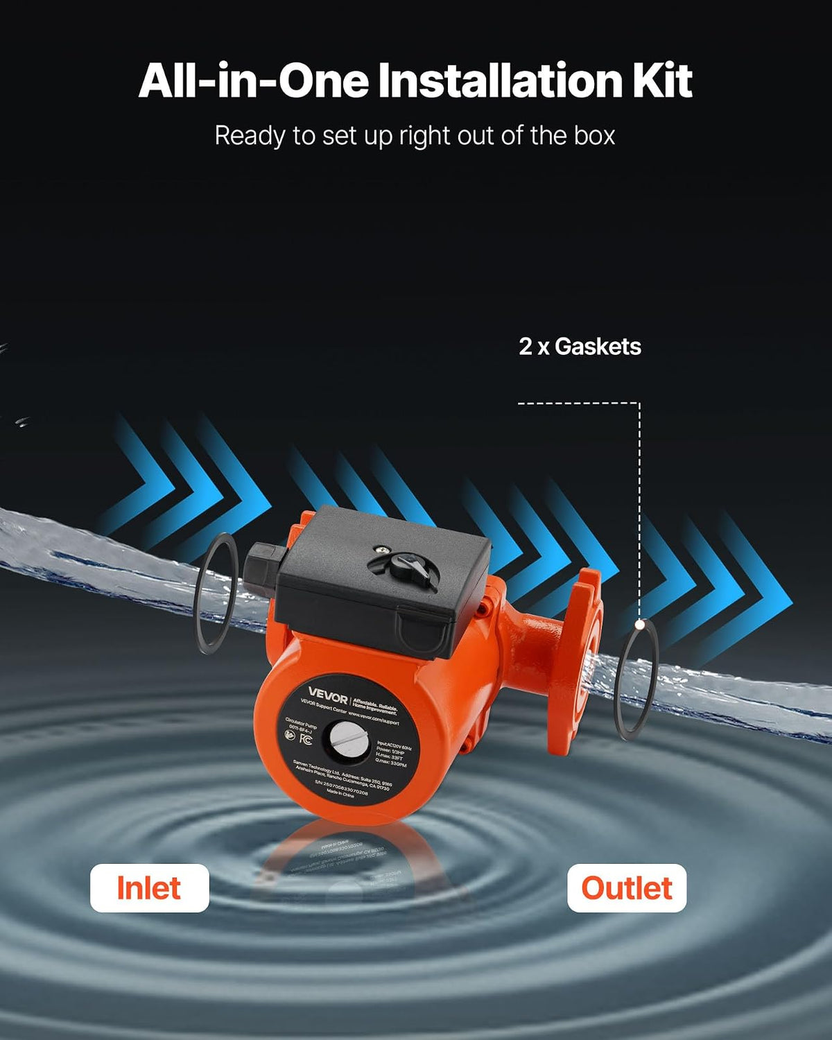 VEVOR 0011-BF4-J Bomba circuladora de hierro fundido, 33 GPM, AC 120 V 33 pies Bomba de circulación de recirculación de agua caliente, conexión de brida de 1-1/4 pulgadas, ajuste de 3 velocidades