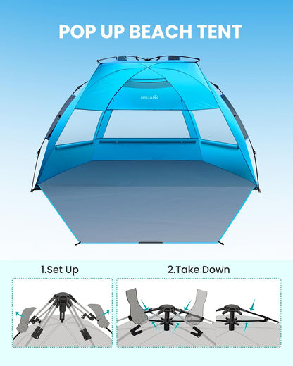 OutdoorMaster - Tienda de campaña de Playa desplegable para 4 Personas, fácil de Instalar y portátil, toldo de Playa con protección UPF 50+, protección UV, tragaluz extraíble, tamaño Familiar