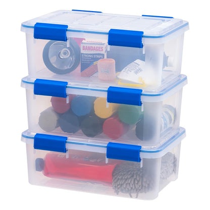 IRIS USA 3 Contenedores de 16 Qt con Tapa Hermética, Claro/Azul | El sello WeatherPro protege zapatos, manualidades, documentos y suministros del polvo y la humedad.