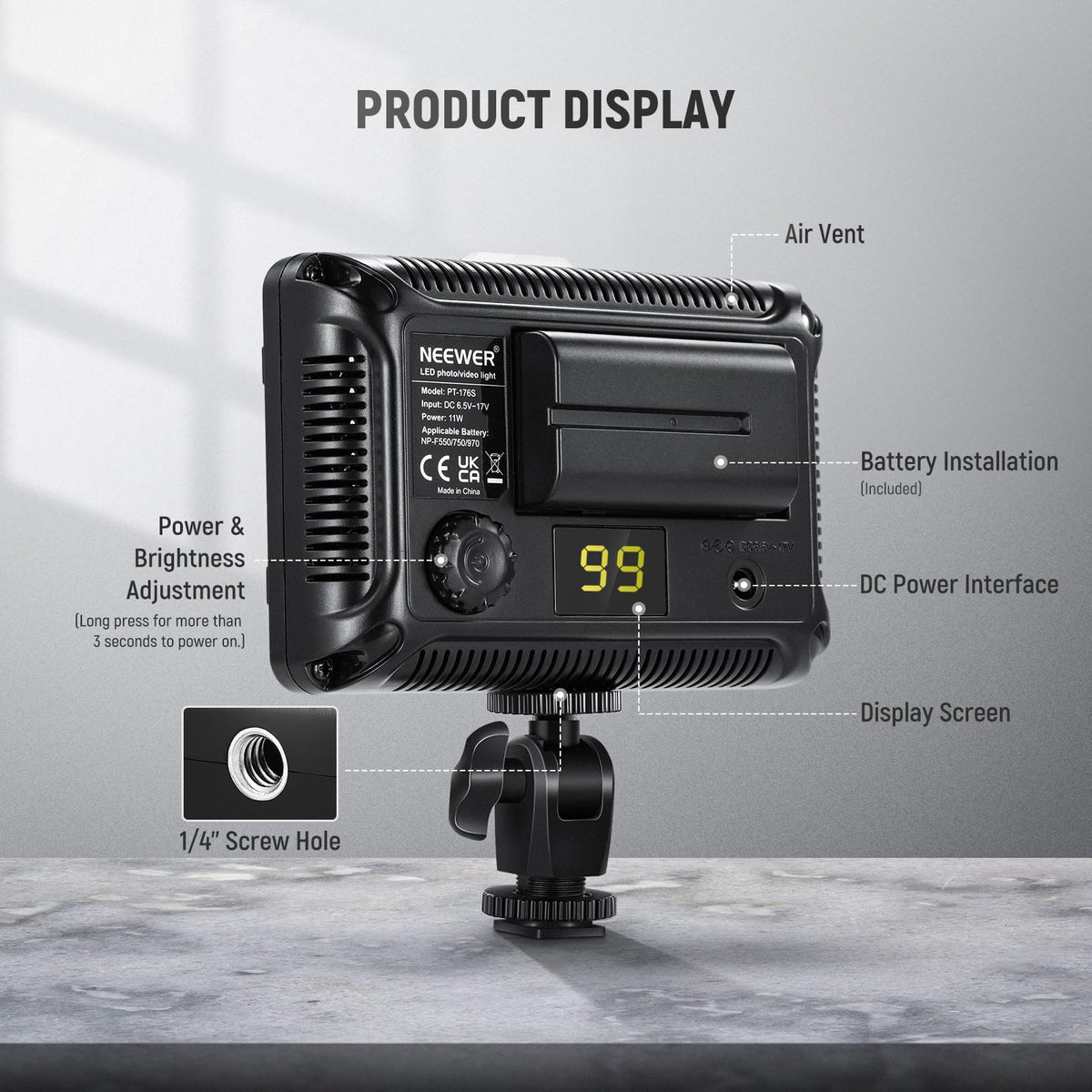 NEEWER on Camara Luz de Video Foto Regulable 176 LED Panel con 1/4" Rosca | Compatible con Nikon Sony y Other DSLR Camaras, 5600K (Bateria Not Included)