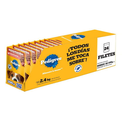 Pedigree - Sobres para Perro, Raza Pequeña, Sabor Res en Filetes, con Ingredientes Naturales, Proteínas y Fibra, 24 Sobres, 100g c/u