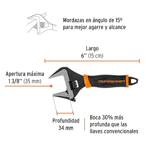 Truper Expert PET-6XA Llave ajustable (perico) 6" boca ancha Comfort Grip