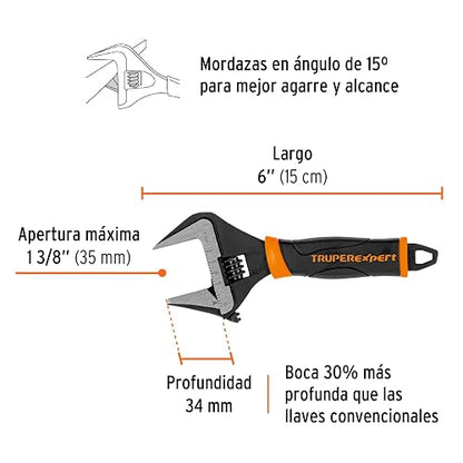 Truper Expert PET-6XA Llave ajustable (perico) 6" boca ancha Comfort Grip