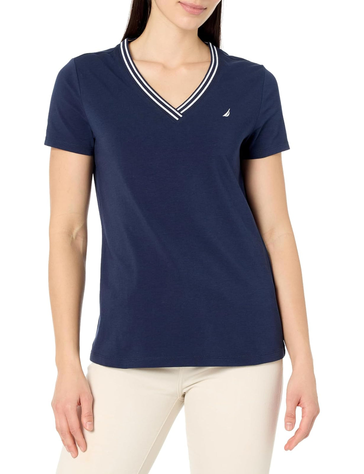 Nautica Playera de Manga Corta Cuello en V para Mujer, Negro - G - Noche estrellada