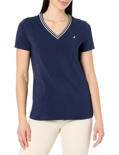 Nautica Playera de Manga Corta Cuello en V para Mujer, Negro - G - Noche estrellada