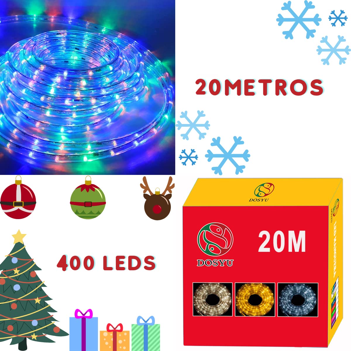 DOSYU Luces de Navidad, 400 LED 8 Modos 20M, Luces de Cadena,110 V-130V, Luz de Cuerda Tubo de PVC IP67 Impermeable para Decoracion de Cubiertas, Patios, Arbusto, Piscinas (20M, Multicolor)