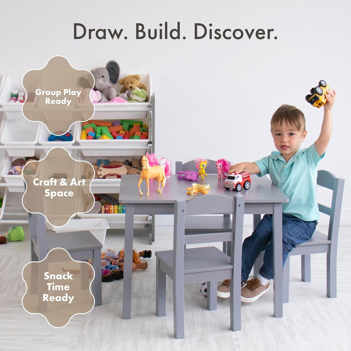 Humble Crew Wood - Juego de 4 sillas y Mesa para niños, Color Gris