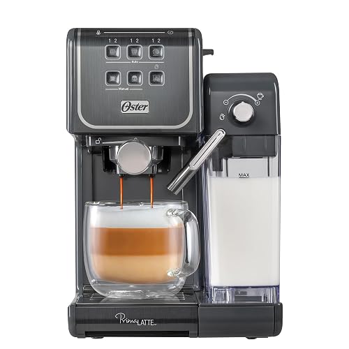 Oster Cafetera PrimaLatte 2 Touch con Panel Táctil y 19 Bar de Presión | Prepara espresso, cappuccino y latte, compatible con café molido, sobres E.S.E. y cápsulas Nespresso, Gris, BVSTEM6801M