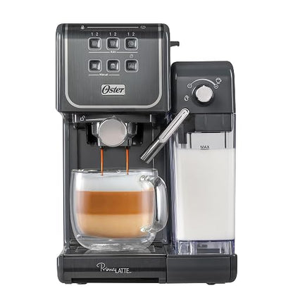 Oster Cafetera PrimaLatte 2 Touch con Panel Táctil y 19 Bar de Presión | Prepara espresso, cappuccino y latte, compatible con café molido, sobres E.S.E. y cápsulas Nespresso, Gris, BVSTEM6801M