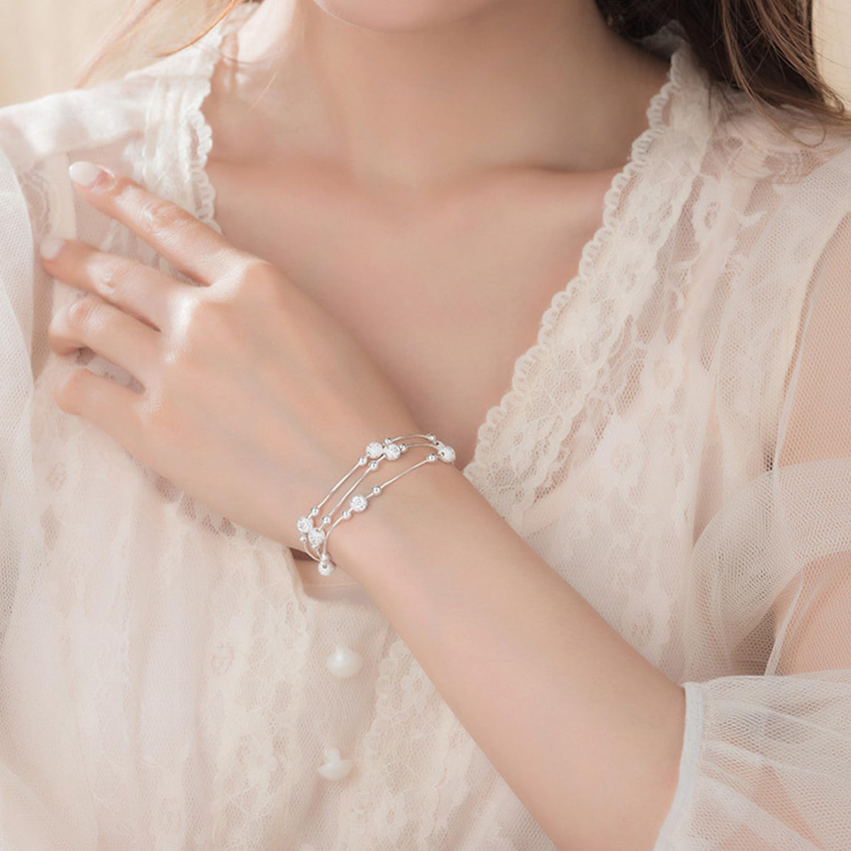 XYPHIELLE Pulsera Mujer Plata 925 - Triple Cadena con Cuentas