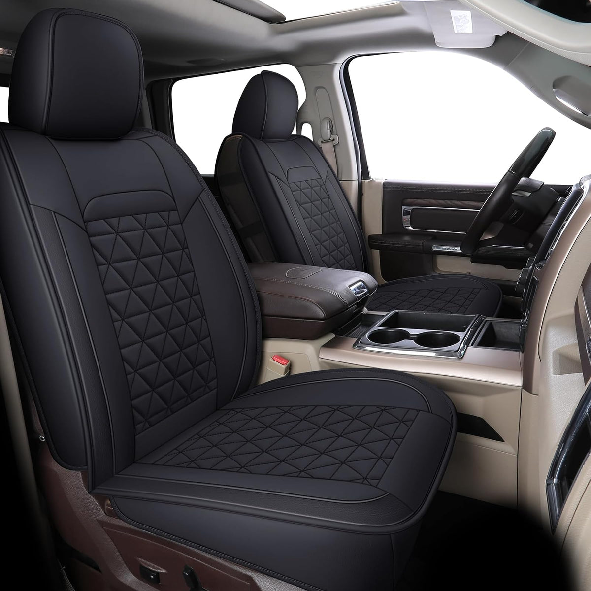 Coverado - Juego completo de fundas para asiento de automóvil, impermeable, protector de piel compatible con RAM 2002-2023 RAM 1500 2500 3500 camioneta Crew Quad Cab con banco curvado, color negro