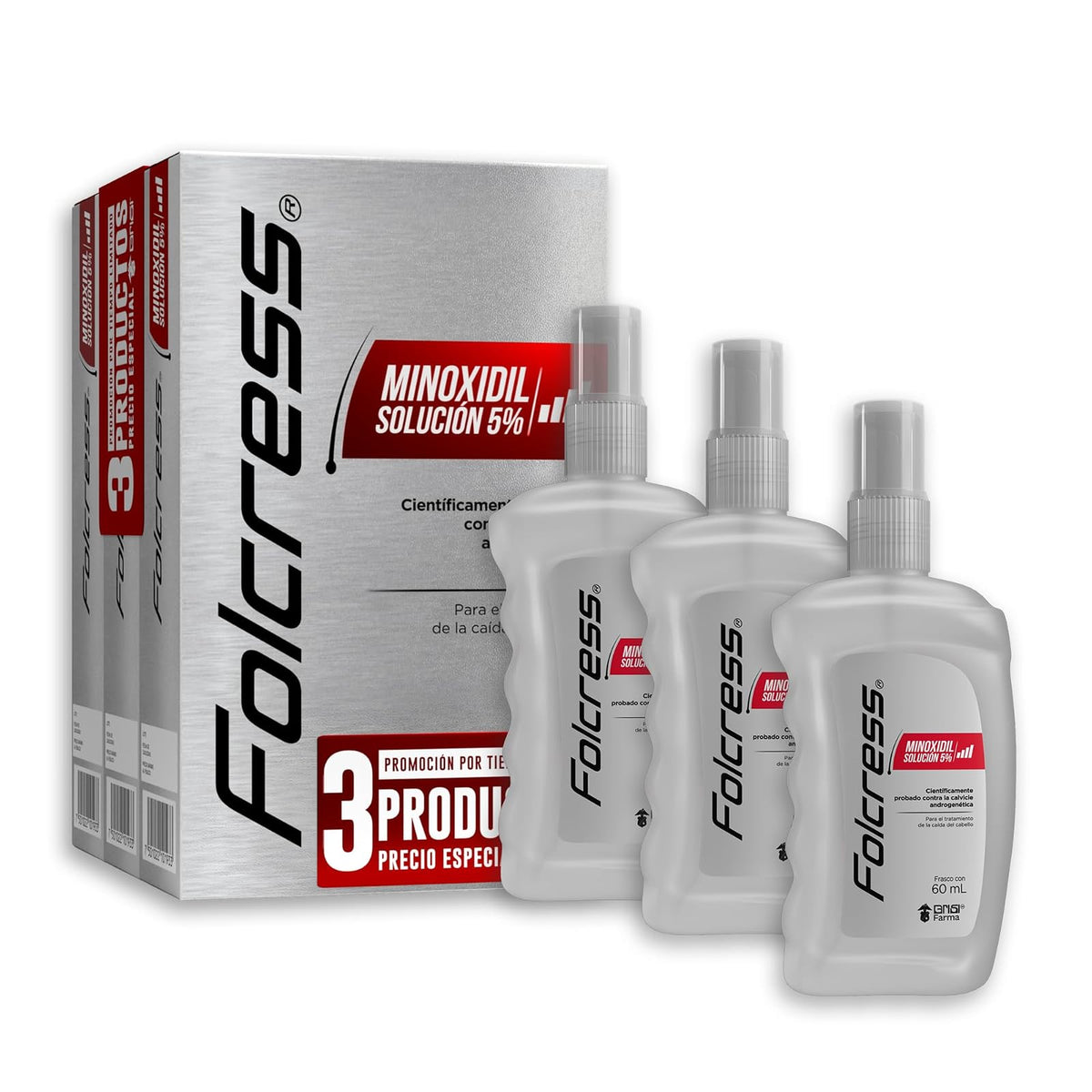 Folcress Minoxidil 5% Solución Anticaída para Hombres Grisi Farma 3 Frascos de 60 ml