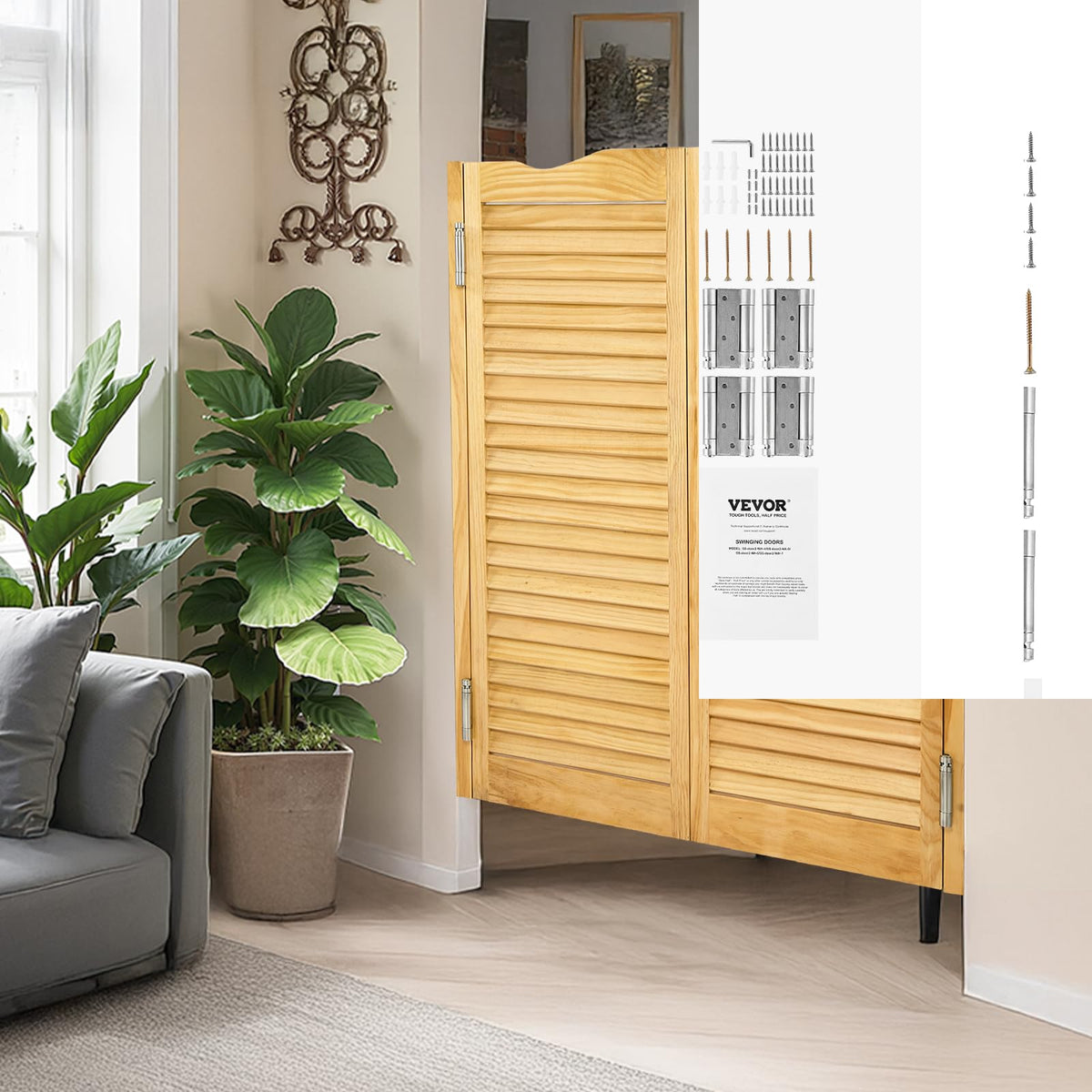 VEVOR - Puertas dobles de salón, 32 pulgadas de ancho x 42 pulgadas de alto, puertas de café con arco superior interior, madera de pino premium, con bisagras y kit de hardware, fácil de instalar, para