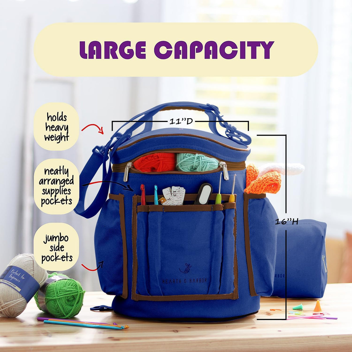 Hearth & Harbor Organizador Bolsa Ganchillo | Bag 11x16 pulgadas, capacidad 24 madejas, 13 bolsillos, puerto USB, tela duradera