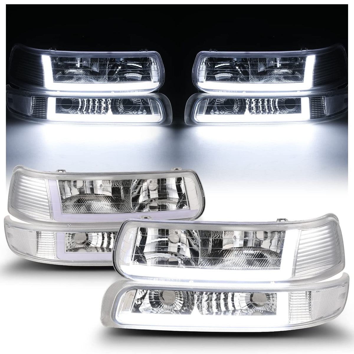 M-Auto Juego de 4 Faros Delanteros con Tira LED DRL Compatible con 99 00 01 02 Chevy Silverado 1500HD 2500HD 3500HD, 00-06 Suburban 1500 2500 Tahoe