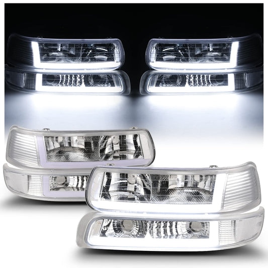 M-Auto Juego de 4 Faros Delanteros con Tira LED DRL Compatible con 99 00 01 02 Chevy Silverado 1500HD 2500HD 3500HD, 00-06 Suburban 1500 2500 Tahoe