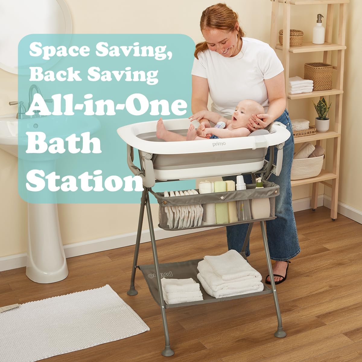 Primo SquishSplash - Baño plegable para bebé y soporte plegable con cojín ergonómico para bebé para recién nacidos y niños pequeños, estación de baño completa, diseño compacto que ahorra espacio,