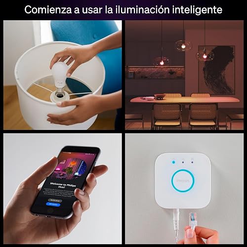 Philips Hue Kit de 4 Focos inteligentes con luz multicolor | Ambiente blanco y de color, E26, 7.2W, 2200K-6500K, 800 lúmenes, regulable, funciona con Alexa, Google Assistant, Apple Home
