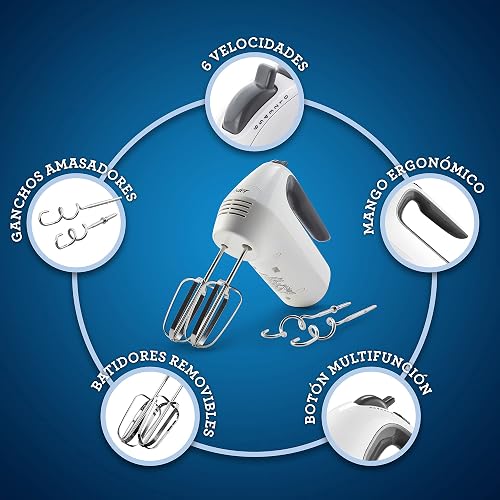 Oster Batidora de mano ® 6 velocidades blanca mango ergonomico FPSTHM3532 | Prepara masas para galletas y merengues, incluye ganchos amasadores, diseño ergonómico, blanco, FPSTHM3532
