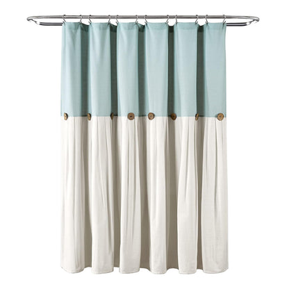 Lush Decor - Cortina de Ducha de Lino con Botones, 72 Pulgadas de Ancho x 72 Pulgadas de Largo, Azul y Blanco Roto, Tela de Cortina de Ducha Azul, Cortina de baño, decoración de baño de Granja
