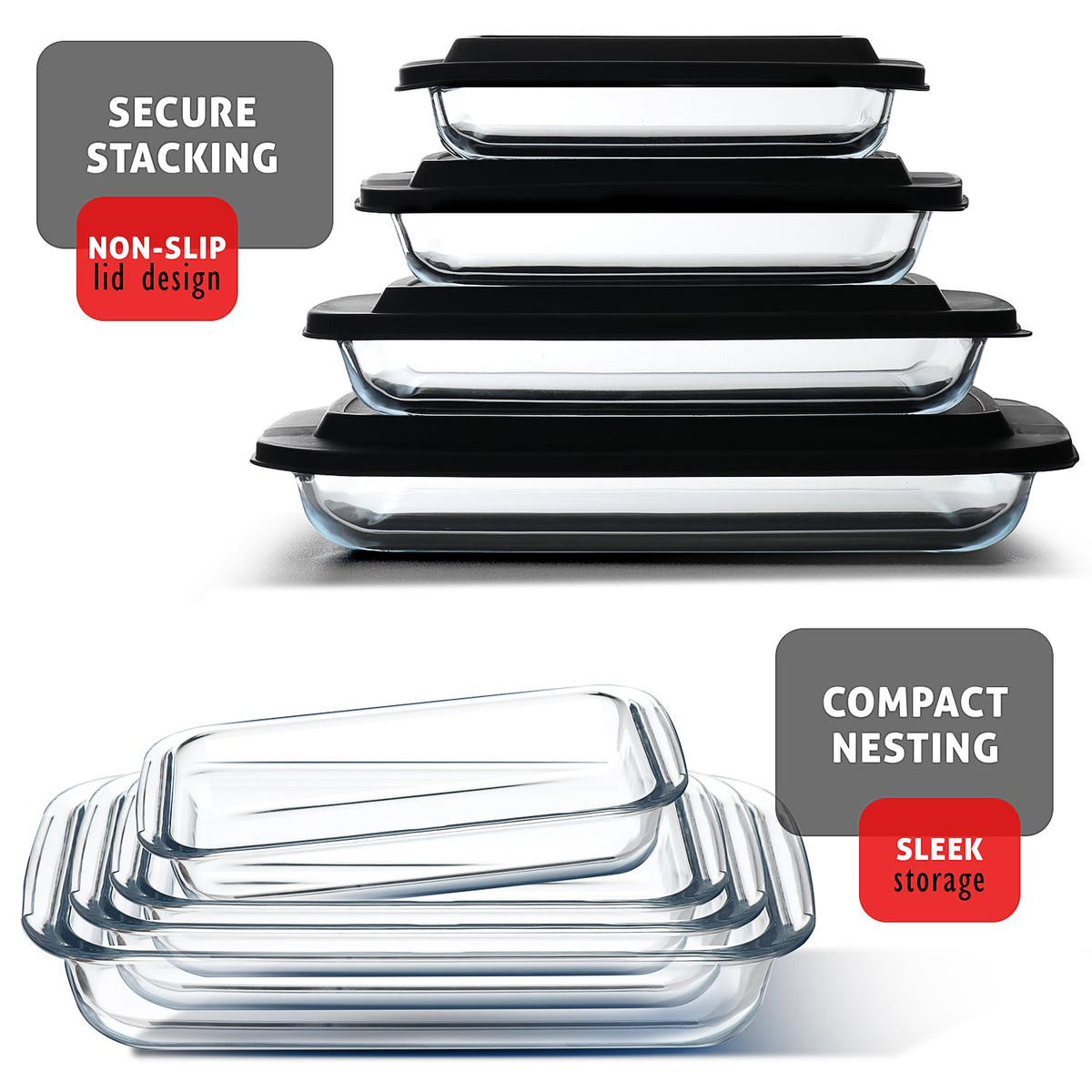 EATEX - Cazuela de vidrio profundo de 8 piezas para horno con tapas de plástico, platos de horno de vidrio para horno, utensilios rectangulares para hornear para lasaña, cocina, sobras, cocina