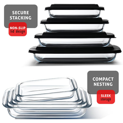 EATEX - Cazuela de vidrio profundo de 8 piezas para horno con tapas de plástico, platos de horno de vidrio para horno, utensilios rectangulares para hornear para lasaña, cocina, sobras, cocina