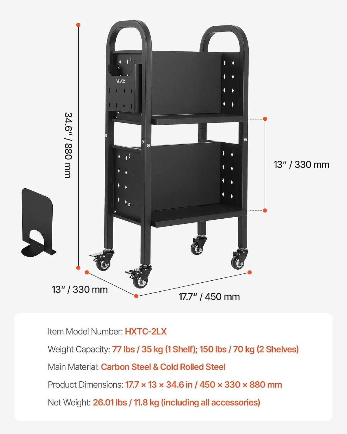 VEVOR Carro para Libros de 2 Niveles Estantería de Libros con Ruedas 45 x 33 x 88 cm Estante de Almacenamiento en Forma de L Doble Caro Carro Rodante para , Oficina, Escuela, Negro