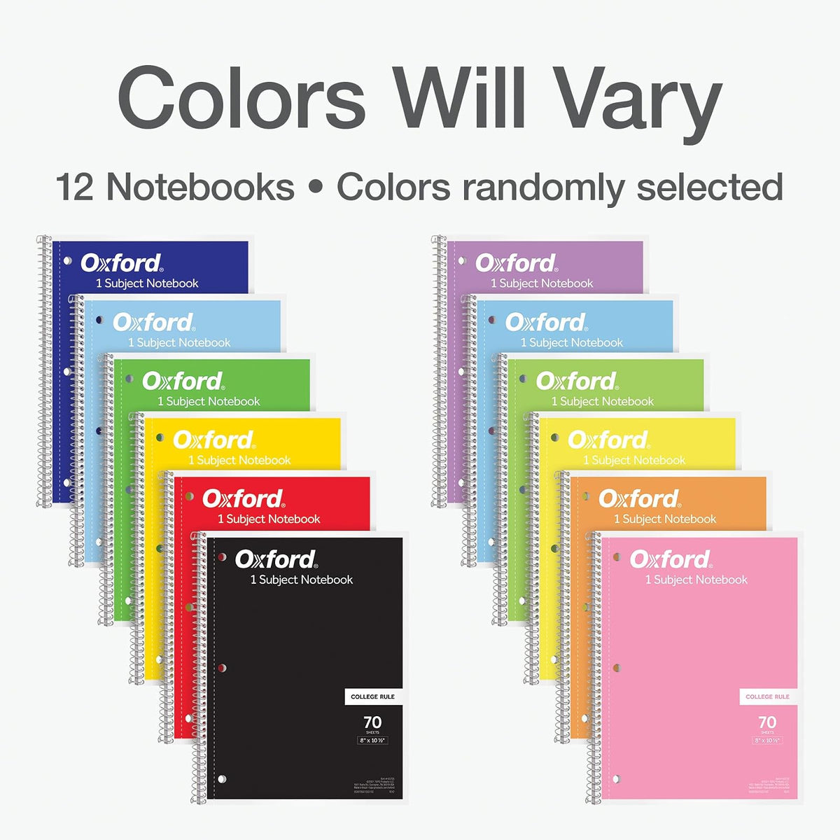 Oxford - Cuadernos en espiral, paquete de 12 unidades, 1 tema, cuadernos a rayas universitarias para la escuela, 8 x 10.5 pulgadas, 70 hojas, colores surtidos, suministros para el regreso a la escuela