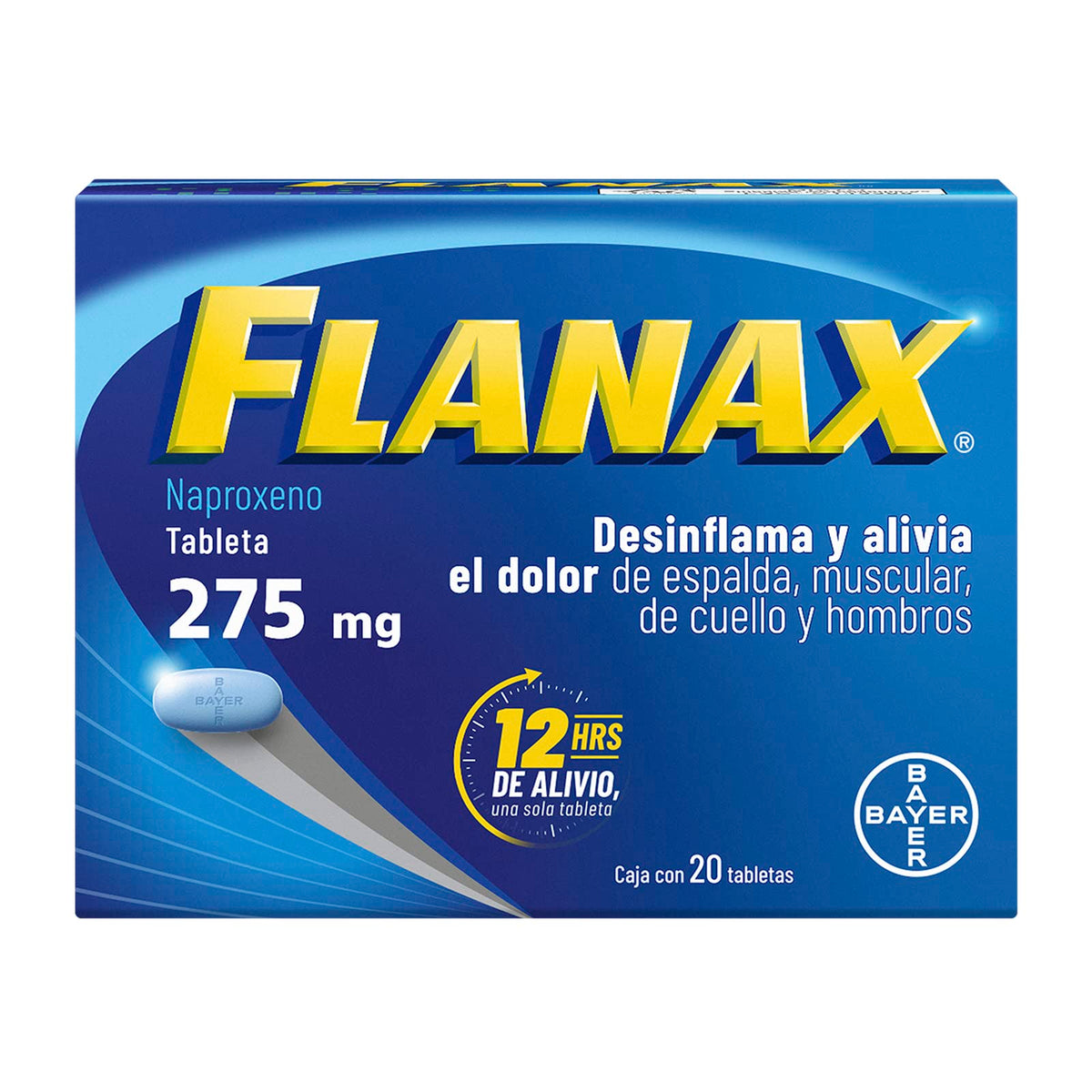 Flanax Naproxeno 275mg, Analgésico para Desinflamar y Aliviar el Dolor, Hasta 12 Horas de Alivio con Una Solo Tableta, 20 Tabletas