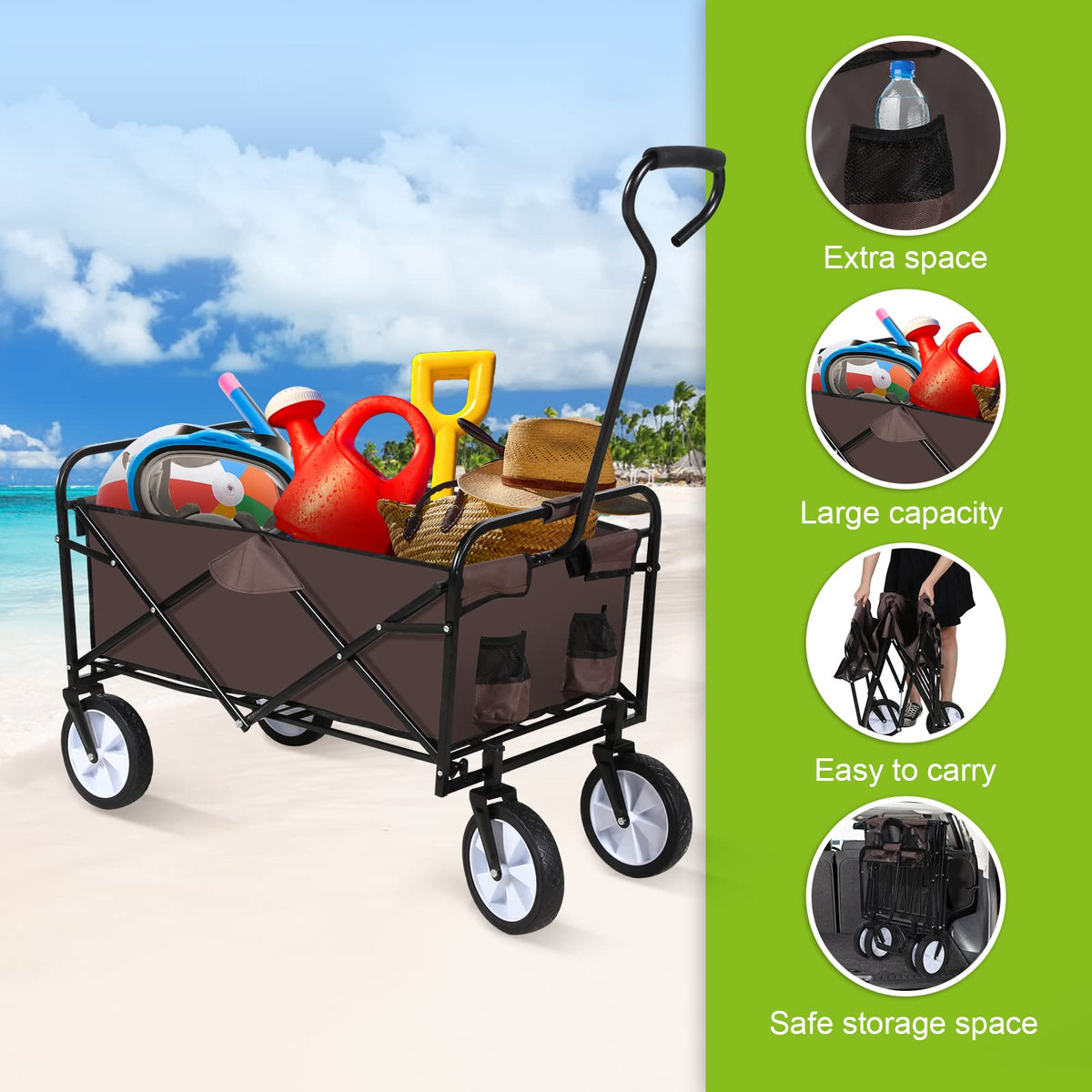 YSSOA - Carro Plegable para jardín, con Ruedas giratorias de 360 Grados y Mango Ajustable, Capacidad de Peso de 200 Libras, Color café