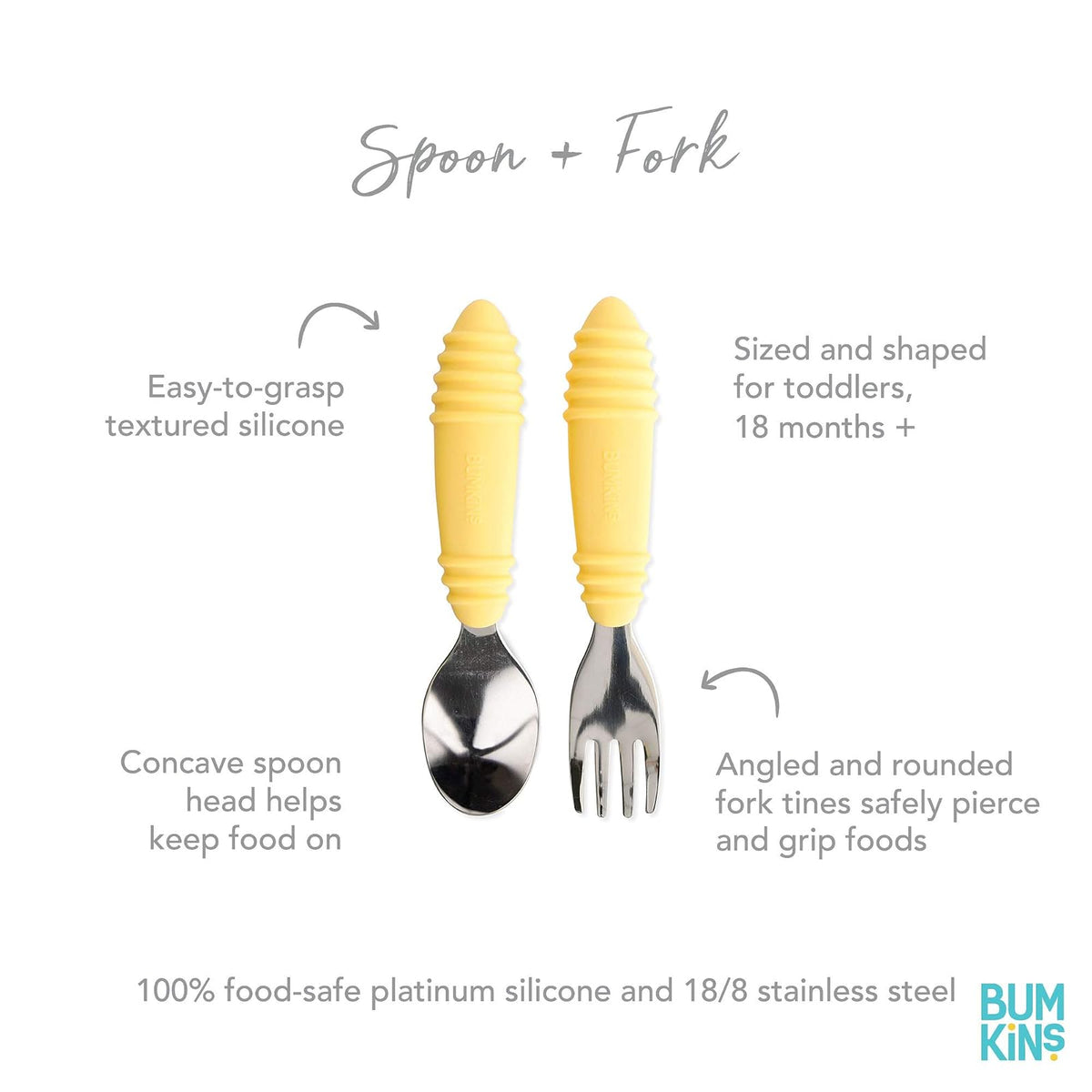 Bumkins - Juego de utensilios para niños pequeños, tenedor y cuchara, silicona y acero inoxidable, cubiertos de entrenamiento, tenedor en ángulo/tenedor para autoalimentación, niños que aprenden a comer, 18 meses, amarillo piña