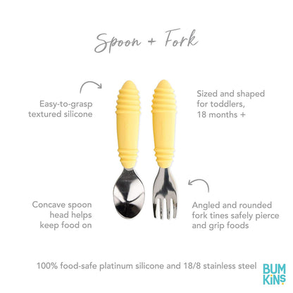 Bumkins - Juego de utensilios para niños pequeños, tenedor y cuchara, silicona y acero inoxidable, cubiertos de entrenamiento, tenedor en ángulo/tenedor para autoalimentación, niños que aprenden a comer, 18 meses, amarillo piña