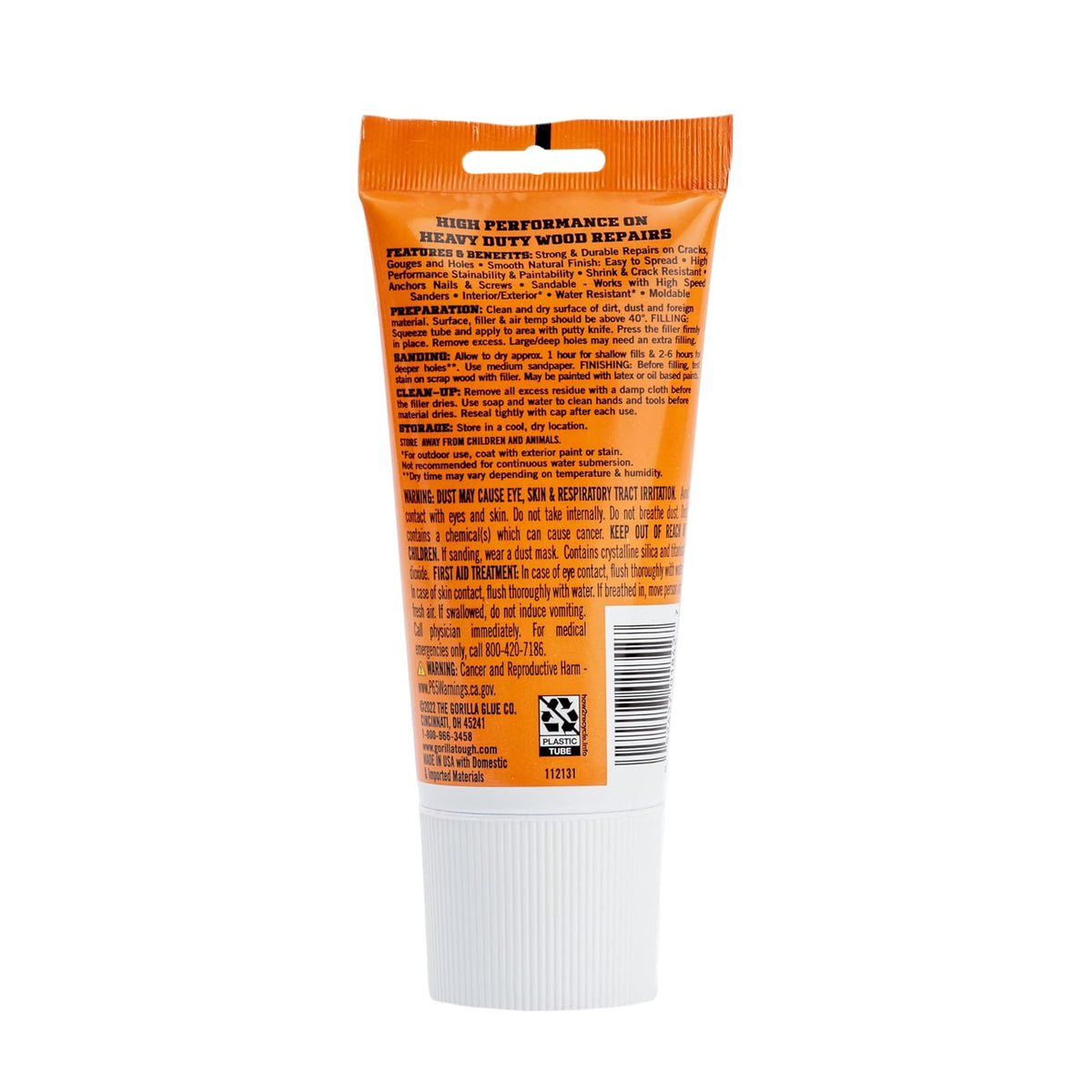 Gorilla - Relleno de madera multiusos, relleno de madera blanca, tubo de 6 onzas (paquete de 1) - Resistente al agua para proyectos y reparaciones en interiores o exteriores