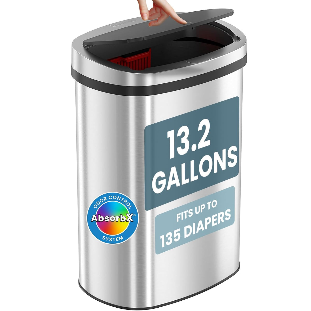 iTouchless - cubeta de basura de 13 galones con sistema de control de olores - cubeta de basura de acero inoxidable, tapa de resorte de cierre suave, resistente a huellas dactilares para cocina, baño - Plateado
