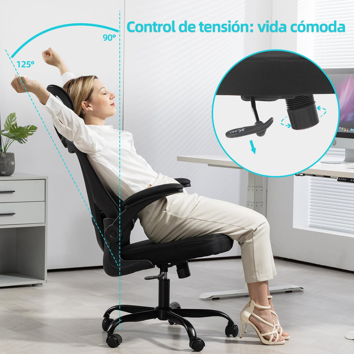 Cokos Silla de Oficina Ergonómica Giratoria Regulable con Reposabrazos Reposacabezas y Soporte Lumbar Apta para Oficinas y Salas de Estudio, Negro